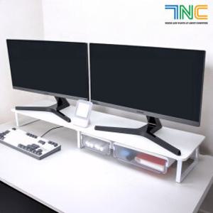 7NC 울트라 듀얼 모니터 받침대 대형 받침 선반 서랍 원목 우드 컴퓨터 높이조절 스탠드  1100mm