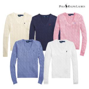 폴로 랄프로렌 여성 피마 코튼 브이넥 꽈배기 니트