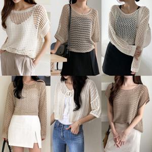 여성 니트 조끼 가디건 베스트 단추 브이넥 레이어드 빅사이즈 반팔 봄 여름 그물 크로쉐 펀칭 뜨개