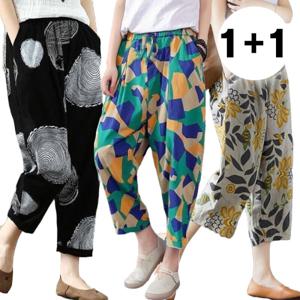 1+1 프린팅 린넨 밴딩 배기팬츠 통바지 중년바지(5color)