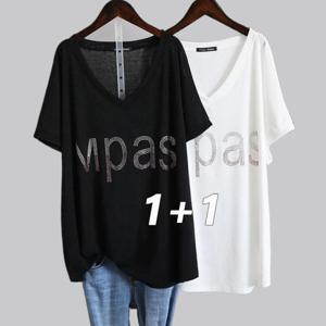 1+1 여성 반팔티 큐빅 레터링 반팔 티셔츠 캐주얼 루즈핏 박스티 빅사이즈