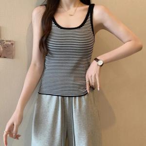 스트라이프 여름 여성 민소매티 면 나시 티셔츠