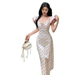 미니멀 엘레강스 빈티지 레드 도트 원피스 기질 일자 어깨 작고 상큼한 플라워 드레스 롱스커트 여