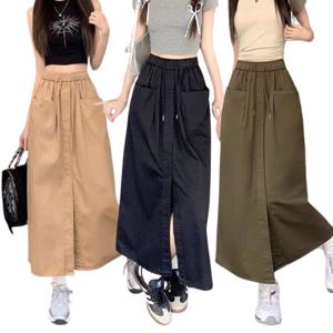 여성 캐주얼 하이웨스트 치마 허리 밴딩 롱스커트