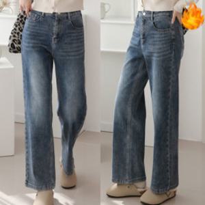 여성 기모 청바지 일자 세미 와이드 밴딩 빅사이즈 겨울 워싱 데님 팬츠 스판 그레이 중청