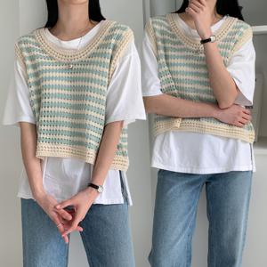 여성 니트 조끼 숏 미니 베스트 단가라 스트라이프 레이어드 봄