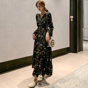 여성 야미 브이넥 플라워 롱 원피스