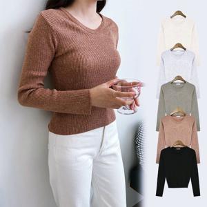 슬리밍 라운드 뱀부 골지 니트 브이넥 긴팔 티셔츠 여성 캐시미어 봄 가을 니트티