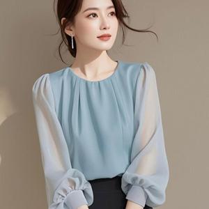 SUTA 프렌치 시폰 셔츠 여성 7부 블라우스 주황색 쉬폰 캐주얼 데일리 봄 가을 셔츠