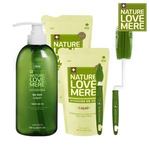 젖병세정제 액상형 용기 500ml 1개+액상형 리필 500ml 2팩 + 실리콘 회전 젖병솔 네이쳐그린