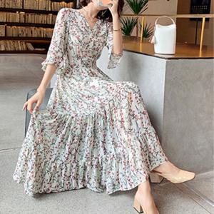 꽃무늬 레이스 쉬폰 여성 에이프릴 반팔 롱원피스