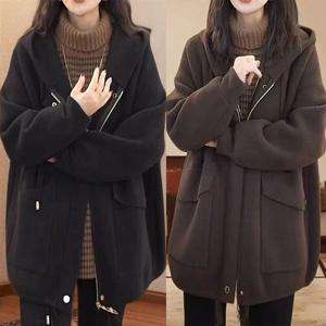 여성아우터 캐주얼 오버핏 하프 방한 후드집업 중년여성의류 플리스 롱자켓