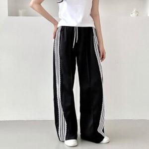 여자 옆라인 레이스 포인트 편안한 허리 밴딩 트랙 와이드 팬츠 (WFJA93W)