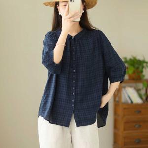 빅 사이즈 여성복 면 5부 셔츠 빈티지 문예 루즈핏 날씬해 보이는 상의 반팔 틱 순색 셔츠
