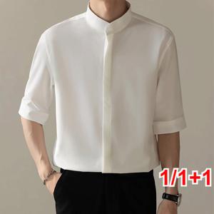 1/1+1가벼운 성숙한 스타일 남성 아이스 실크 5부 셔츠 남자 슬림 정장 셔츠 여름 캐주얼셔츠 카라셔츠