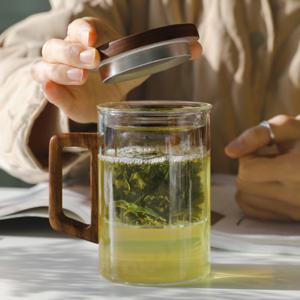 KJP 우드 손잡이 내열유리 티머그 컵 400525ml  뚜껑 필터포함