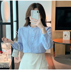 봄 여성 프리 칼라 레이스 장식  블라우스 크루 넥 면직 긴팔