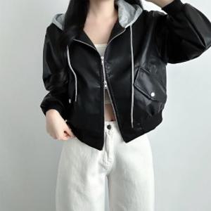 데이룸 여성 레더 후드 블루종 자켓 항공점퍼 가죽 아우터