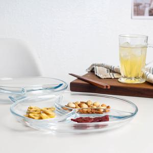 3칸 원형 강화 유리 나눔 접시 대형/플레이팅/집들이/식판/반찬/글라스/투명/예쁜그릇/식기/분할/과일/안주
