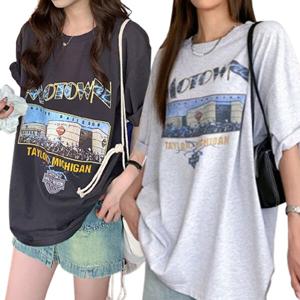 빈티지 여성 반팔티 오버핏 라운드 프린팅 여름 티셔츠 OFS-SST60