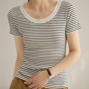 U넥 반팔티 면 슬림핏 스트라이프 여성 여름 반팔티셔츠 OFS-SST56