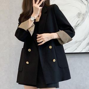 블랙 더블 버튼 정장 재킷 / 겨울용 체크 소매 빈티지 스타일 / 라인핏으로 몸매 보정 / 봄가을 겨울 다용