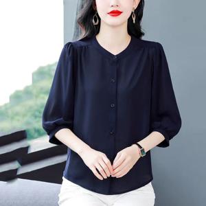 여성 7부소매 셔츠 싱글버튼 단색 루즈핏 뱃살커버 스탠드넥 셔링 남방