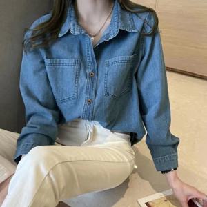 여성 트렌치 숏자켓 진청 빈티지 데님 셔츠자켓