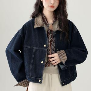 SUTA 홍콩 스타일 칼라 체크 데님 코트 여 춘추 루즈핏 쇼트 데님 재킷