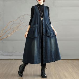 봄 가을 베스트 캐주얼 빅사이즈 데님 스커트 브이넥 미디 원피스 여