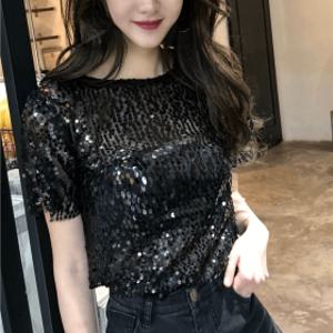 시스루 스팽글 티셔츠 반짝이 무대의상 반팔 라운드넥 댄스복 실버화이트