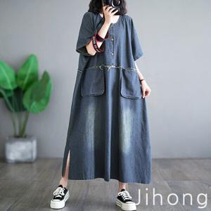 지홍 빈티지 데님 롱원피스 청원피스 워싱 멜빵  루즈핏 빅사이즈