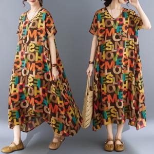 여름 마 원피스 레터링 프린트 바캉스 여행 브이넥 언밸런스 롱스커트