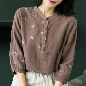 봄여름 자수셔츠 칠부 소매 면 마 셔츠 빅사이즈여성셔츠블라우스 린넨 셔츠 블라우스 남방