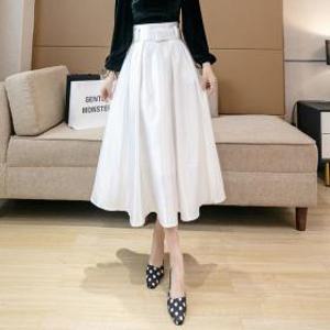 새틴 롱 화이트 블랙 플레어 벌룬 볼륨 스커트 허리벨트 하객룩 치마