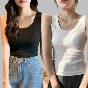 여성 슬림핏 골지 베이직 나시티 라운드넥 사계절 폴리 슬리브리스 여자 나시 OFDJ-SLV8