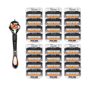 POLIIN 질레트 호환용 면도날 퓨전 프로글라이드 파워 신형(블랙주황)/면도날 6팩(24개입)+스윙면도기 1개