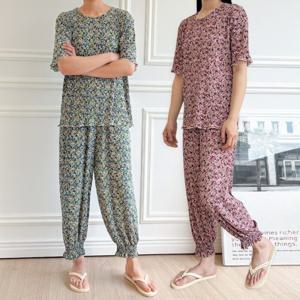 (1+1) 플라워 플리츠 쿨링 반팔 티셔츠 와이드 조거 냉감 밴딩 팬츠 홈웨어 냉장고 바지