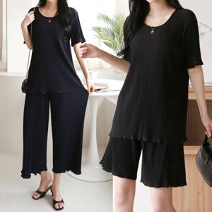 (2종/3종) 여성 플리츠 세트 5부 8부 팬츠 반팔 티셔츠 주름 트레이닝 홈웨어 셋업 여름 밴딩 바지