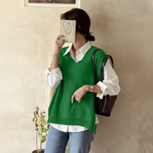 아르보 베이직 여성 브이넥 옆트임 루즈핏 니트 조끼 베스트