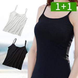 1+1 여름 민소매 나시 여성 슬림 무지 기본 라운드 끈나시 티셔츠