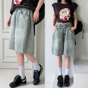 여성 데님 버뮤다 팬츠 5부 반바지 옆 핀턱 절개 와이드 여름 빅사이즈 오버핏 벌룬 청반바지