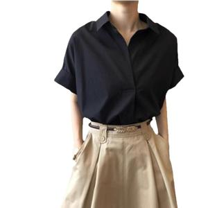 여자 여름 캐주얼 루즈핏 셔츠 소매 칼라 셔츠 무지 데일리 셔츠 여성 가오리핏 티