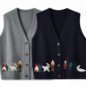 1+1 겨울 여성 루즈핏 민소매 스웨터 문예 자카드 니트 베스트 가디건