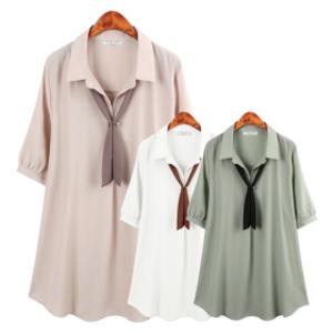 허밍퍼플 여성용 4528-샌디 블라우스 옷 핀 스카프 타이 여름 쉬폰 세련미 빅사이즈 린넨 여자옷 여성의류