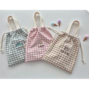 파스텔 방수체크 조리개 신발주머니 실내화가방 이니셜 자수각인 학원보조가방 초등학생 유치원