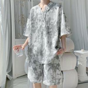 남자트레이닝복 빅사이즈 나염 브이넥 반팔 빈티지 반바지 여름 세트 와플 심쿵