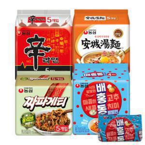 신라면 5입+ 안성탕면 5입 + 짜파게티 5입 + 배홍동 4입 (총 19봉) + 배홍동 비빔면 파우치 증정