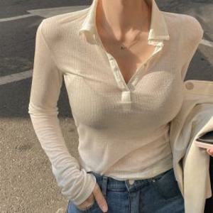 시스루 슬림핏 카라티셔츠 골지 니트 탑 섹시한 티셔츠 반 오픈 슬림 핏 긴팔 카라티
