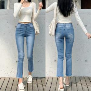 허리 스판 반 하이웨스트 여자 여성 세미 부츠컷 청바지 일자 데님 팬츠 봄 여름 가을